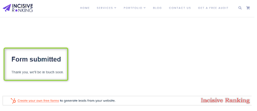 Contact Us Confirmation Screenshot