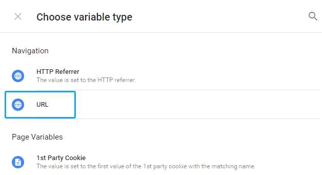 URL variable configuration screen in Google Tag Manager showing component type options